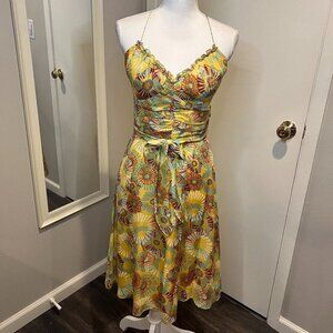 Muse Yellow Floral Midi Dress with Green and Brown Accents